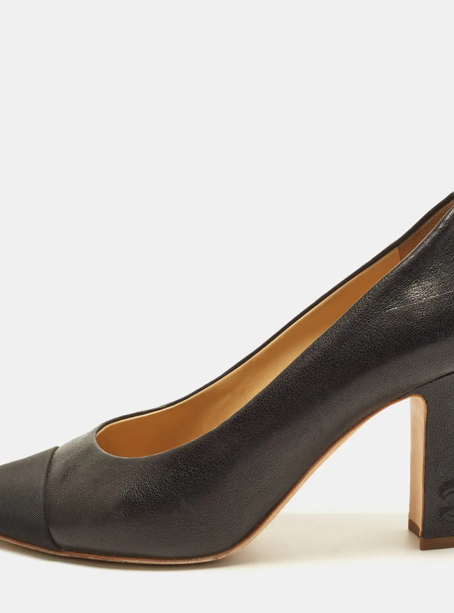Chanel Classic Size 37.5 Black Leather and Canvas Block Heel Pumps