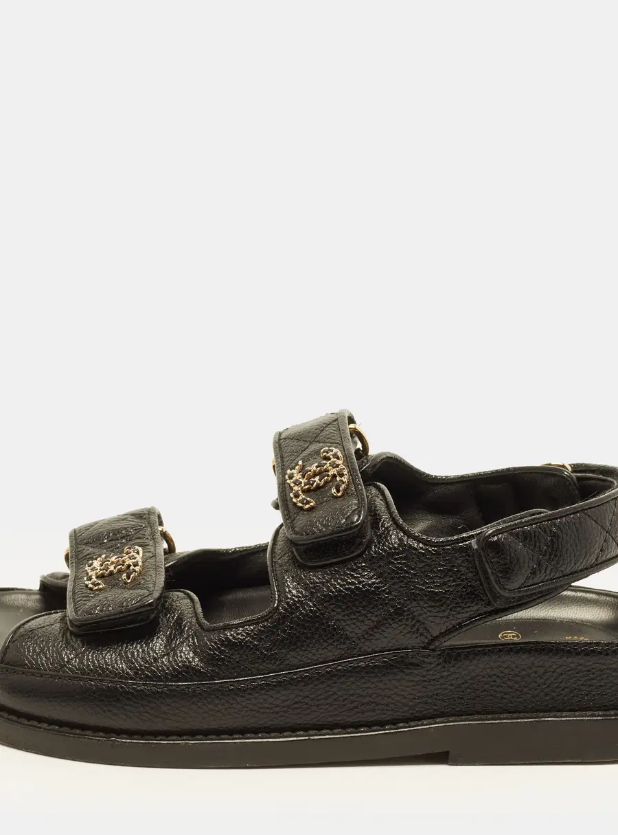 Chanel CC Dad Size 34 Black Quilted Leather Ankle Strap Sandals
