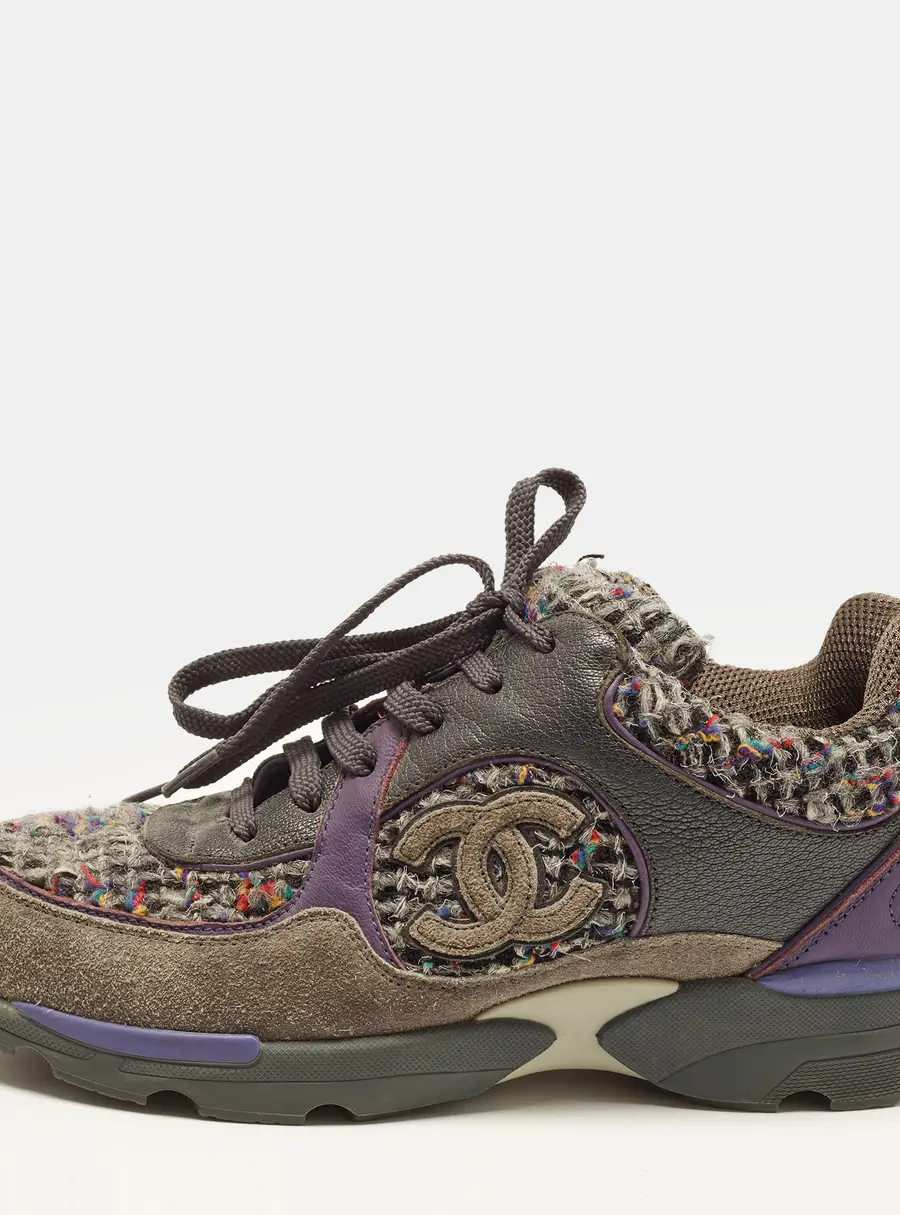 Chanel CC Size 36.5 Multicolor Leather and Tweed Lace Up Sneakers