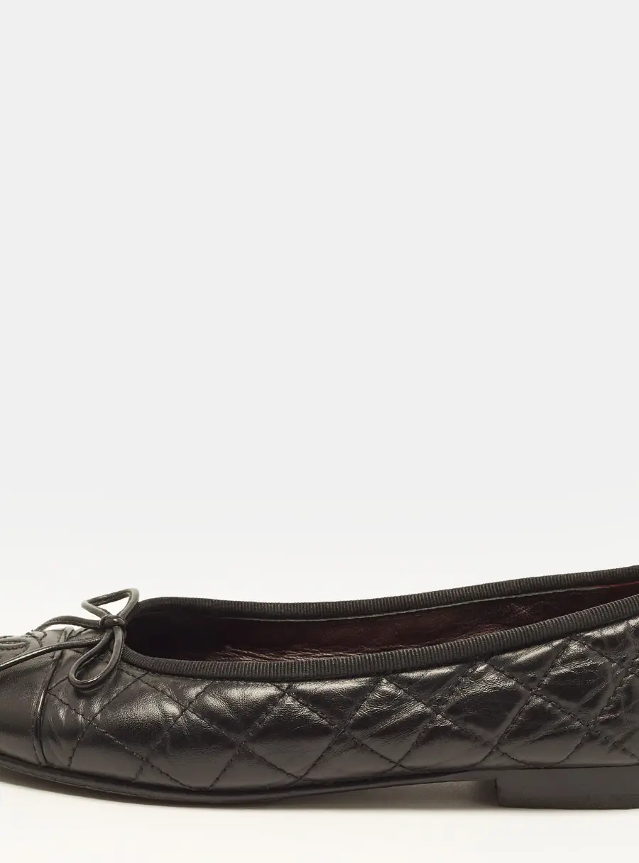 Chanel CC Size 36.5 Black Quilted Leather Bow Cap Toe Ballet Flats
