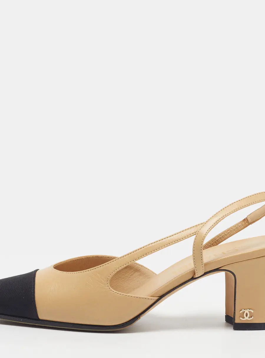 Chanel CC Size 37 Beige/Black Canvas and Leather Slingback D'orsay Pumps
