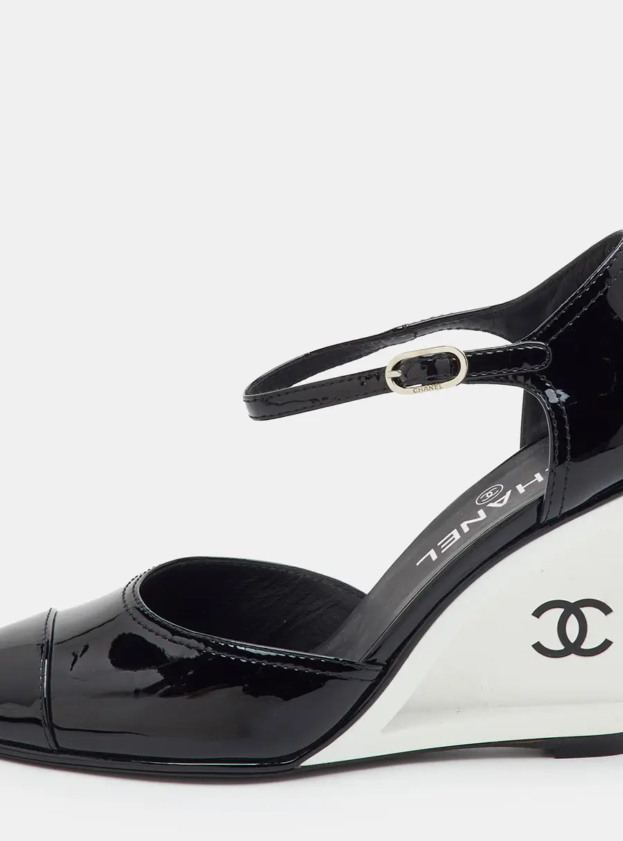 Chanel CC Size 39.5 Black Patent Leather Ankle Strap Wedge Pumps