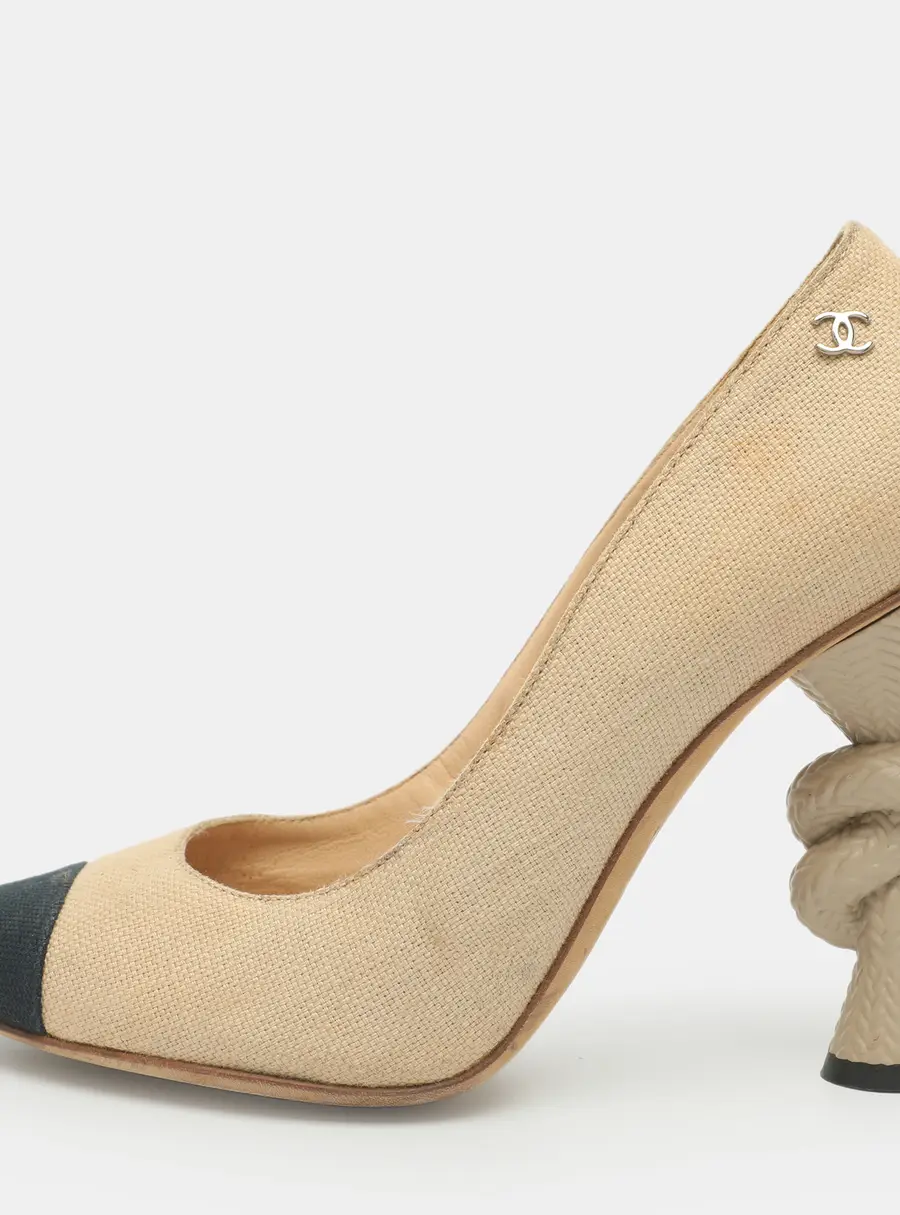 Chanel CC Size 37.5 Beige Canvas Knot Heel Pumps