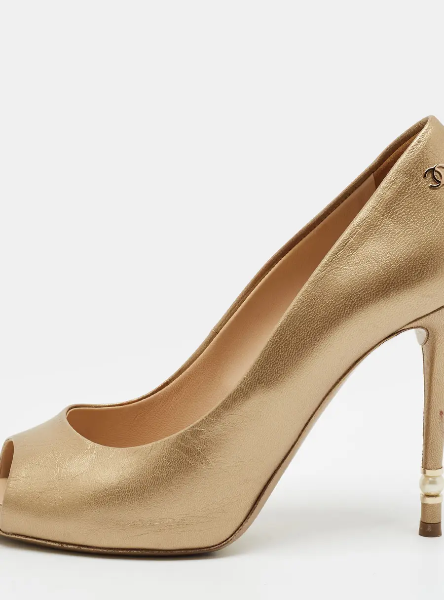 Chanel CC Size 37 Gold Leather Peep Toe Pumps