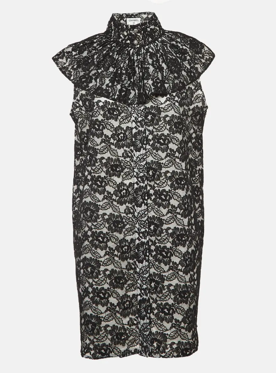 Chanel Black Floral Lace Ruffled High Neck Mini Dress L