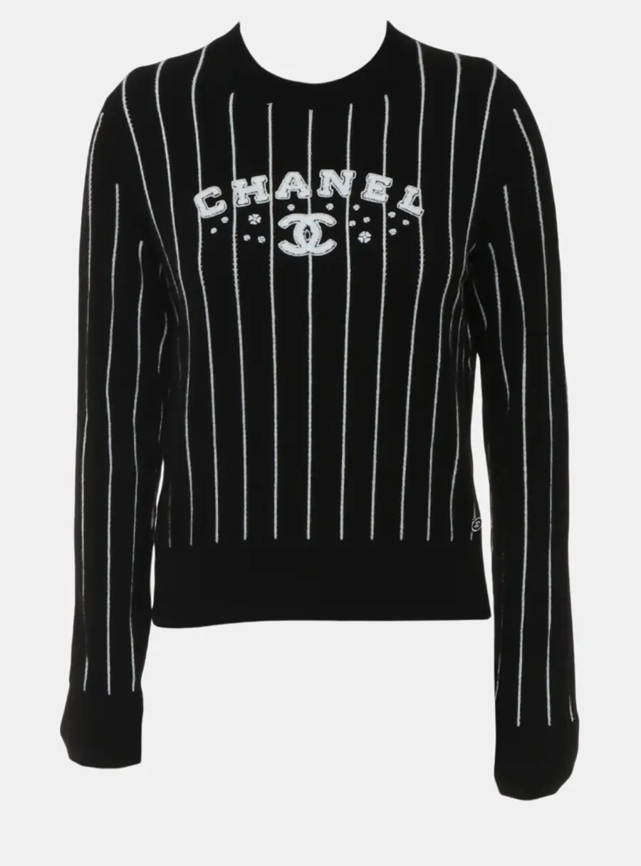 Chanel Black Cashmere Crew Neck Stripes Logo Sweater S