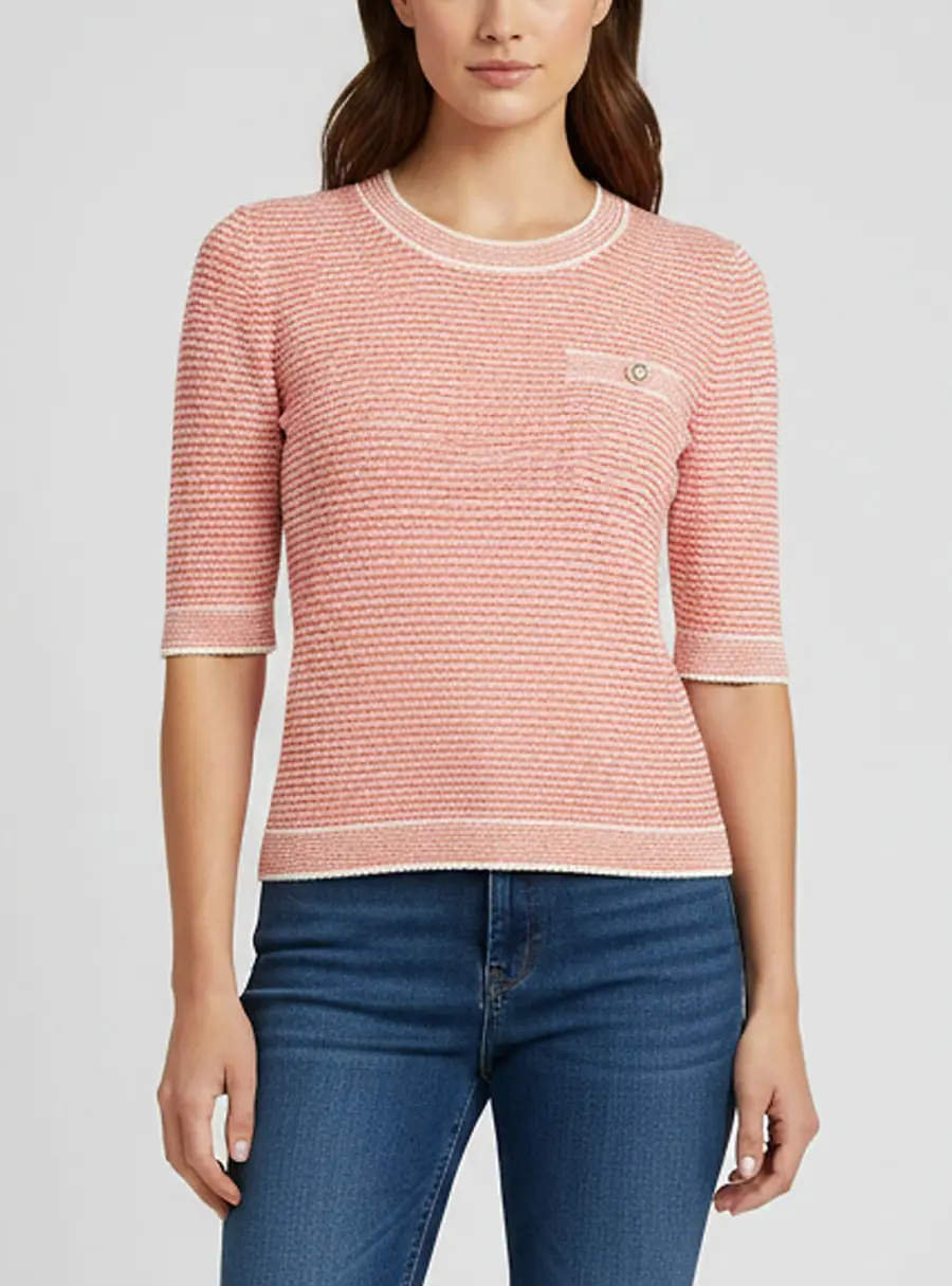 Chanel Pink/Cream Striped Cotton Knit Pocket T-Shirt M