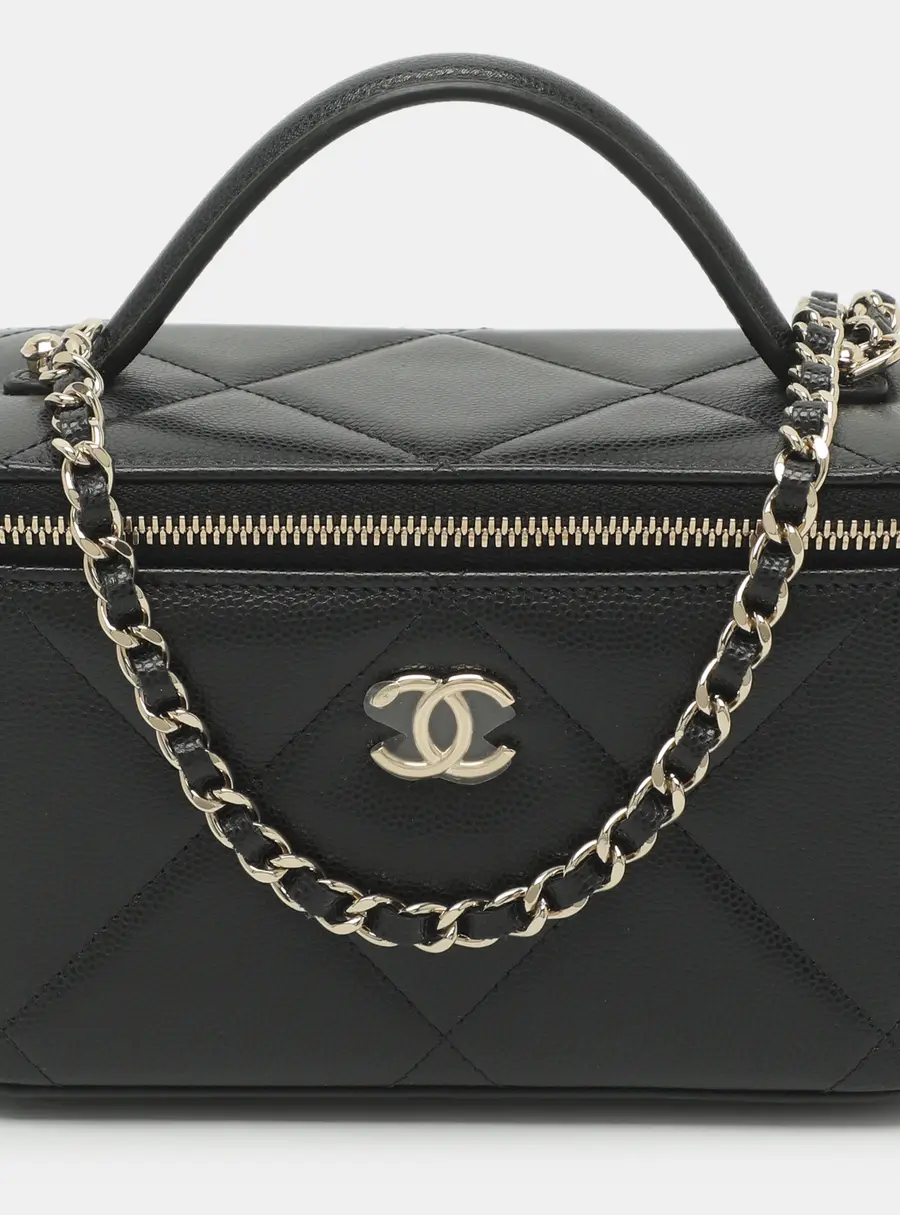 Chanel Vanity Case Black Quilted Caviar Leather Top Hnadle Bag
