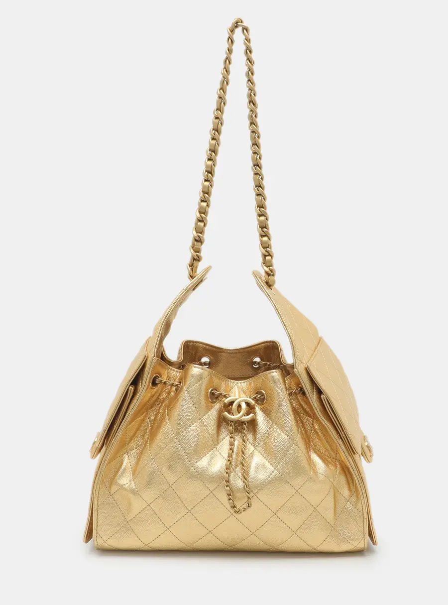 Chanel 25 Small Gold Quilted Caviar Leather Shoulder Bag