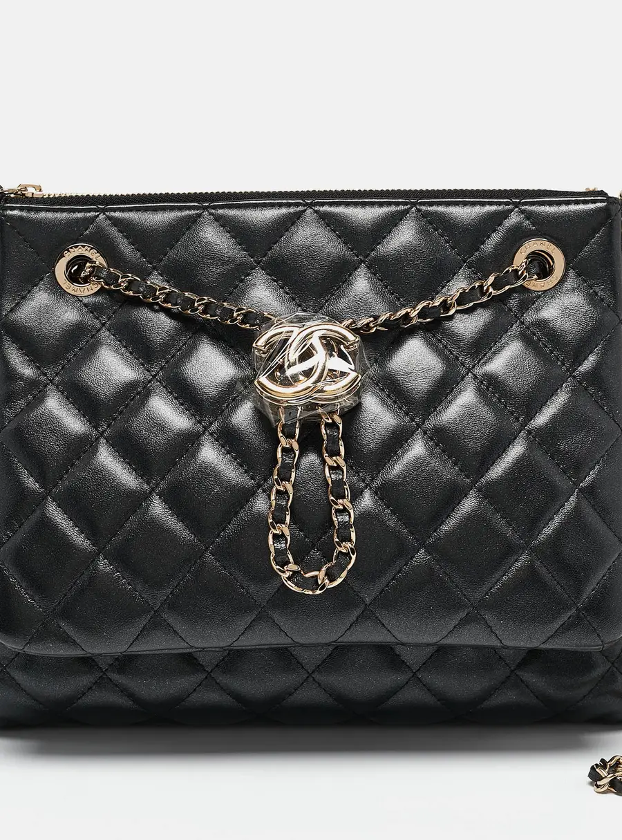 Chanel Black Quilted Leather Double Zip Pouch Bag