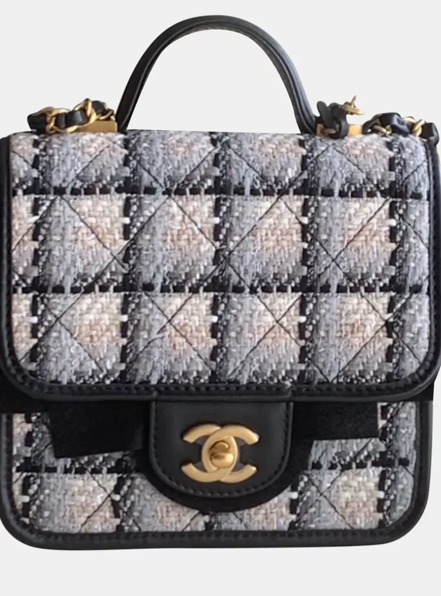 Chanel School Memory Flap Black White Tweed and Leather Mini Top Handle Bag