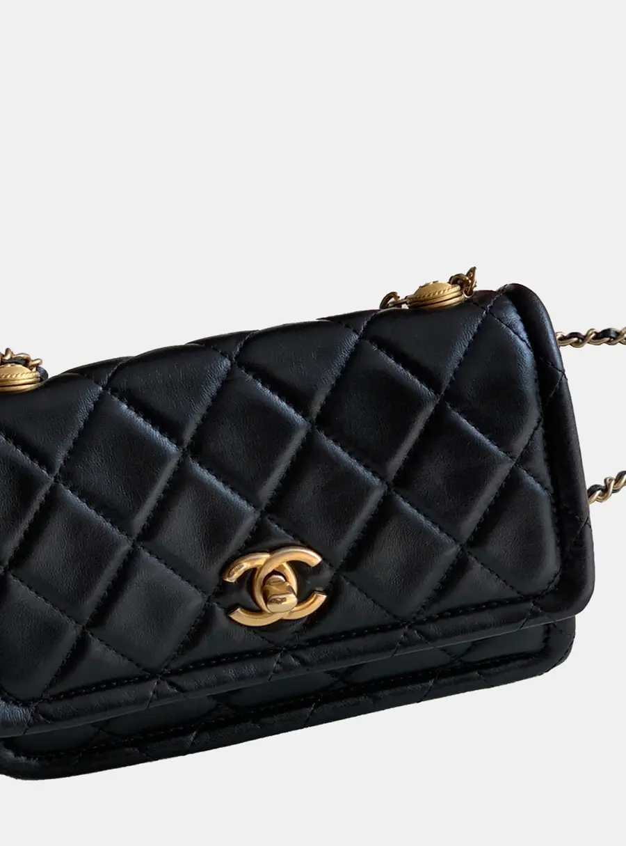 Chanel Flap Clutch With Chain Black Shiny Lambskin Leather Shoulder Bag