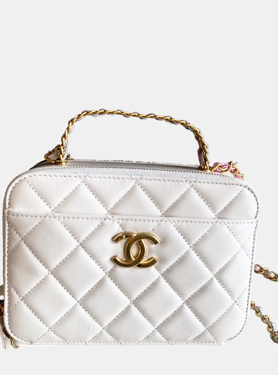 Chanel Vanity Case Small White Quilted Lambskin Leather Top Handle Bag