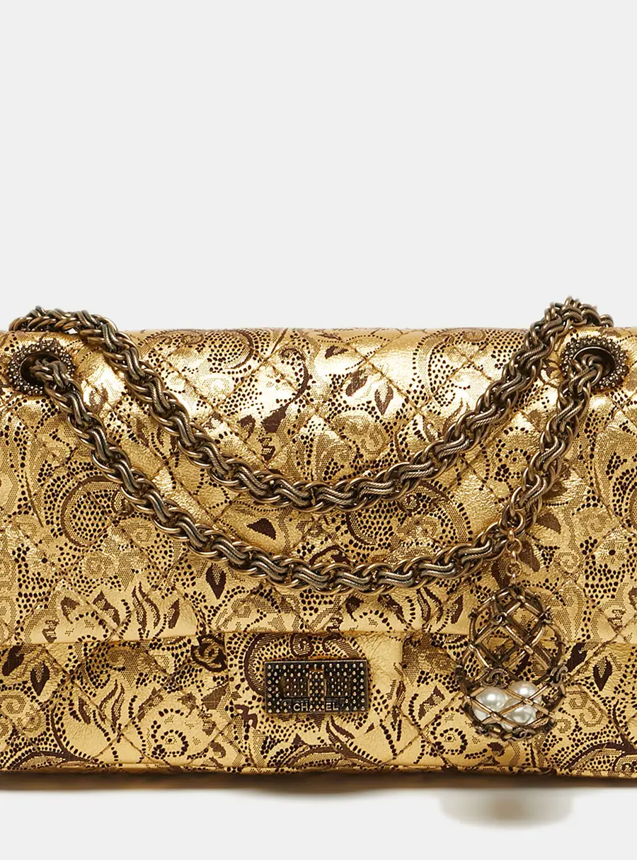 Chanel 2.55 Reissue 225 Gold Brocade Lace Painted Quilted Leather Flap Bag