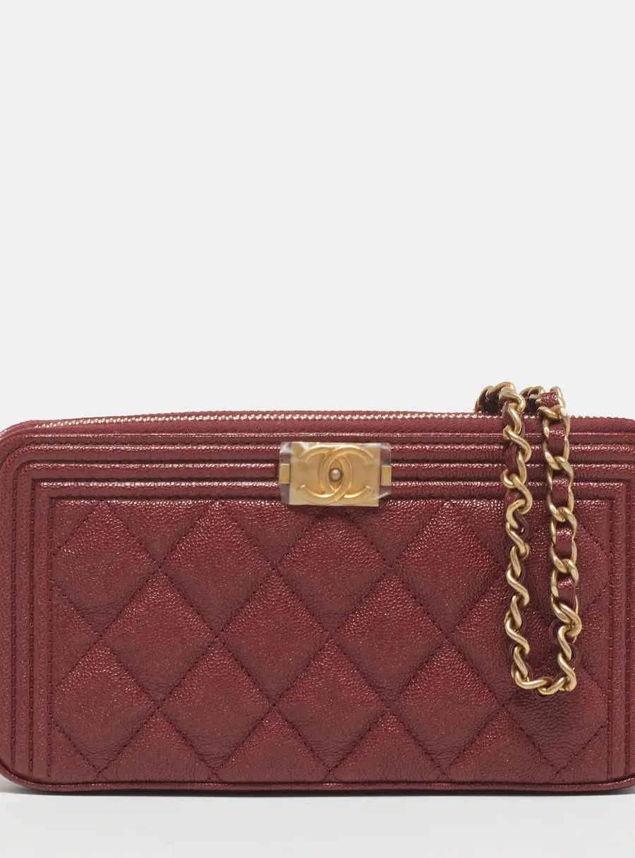 Chanel Boy Burgundy Quilted Caviar Leather Chain Clutch