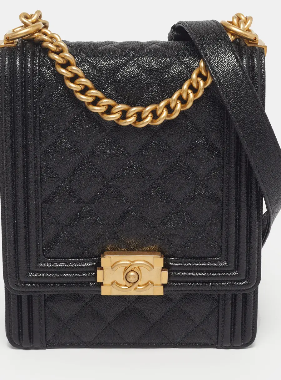 Chanel Boy North South Black Quilted Caviar Leather Flap Bag