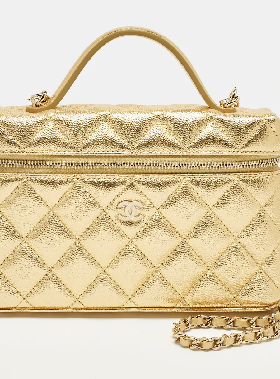 Chanel Vanity Case Slim Gold Quilted Caviar Leather Shoulder Bag