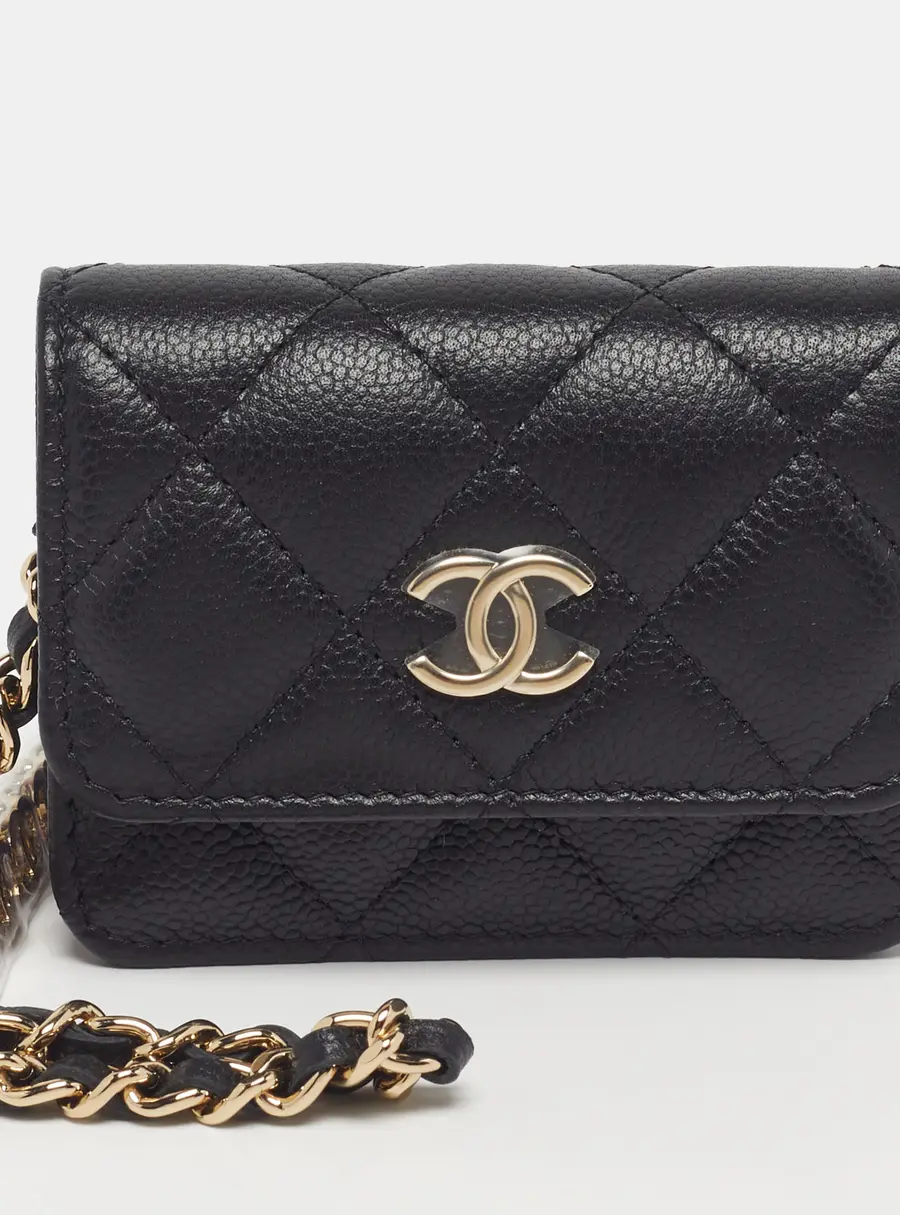 Chanel CC Black Quilted Caviar Leather Wallet On Chain