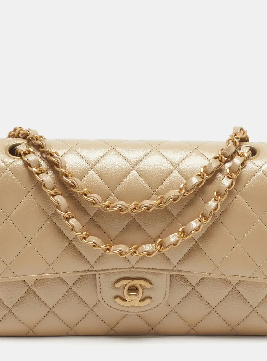 Chanel Classic Double Flap Medium Metallic Beige Quilted Caviar Leather Shoulder Bag