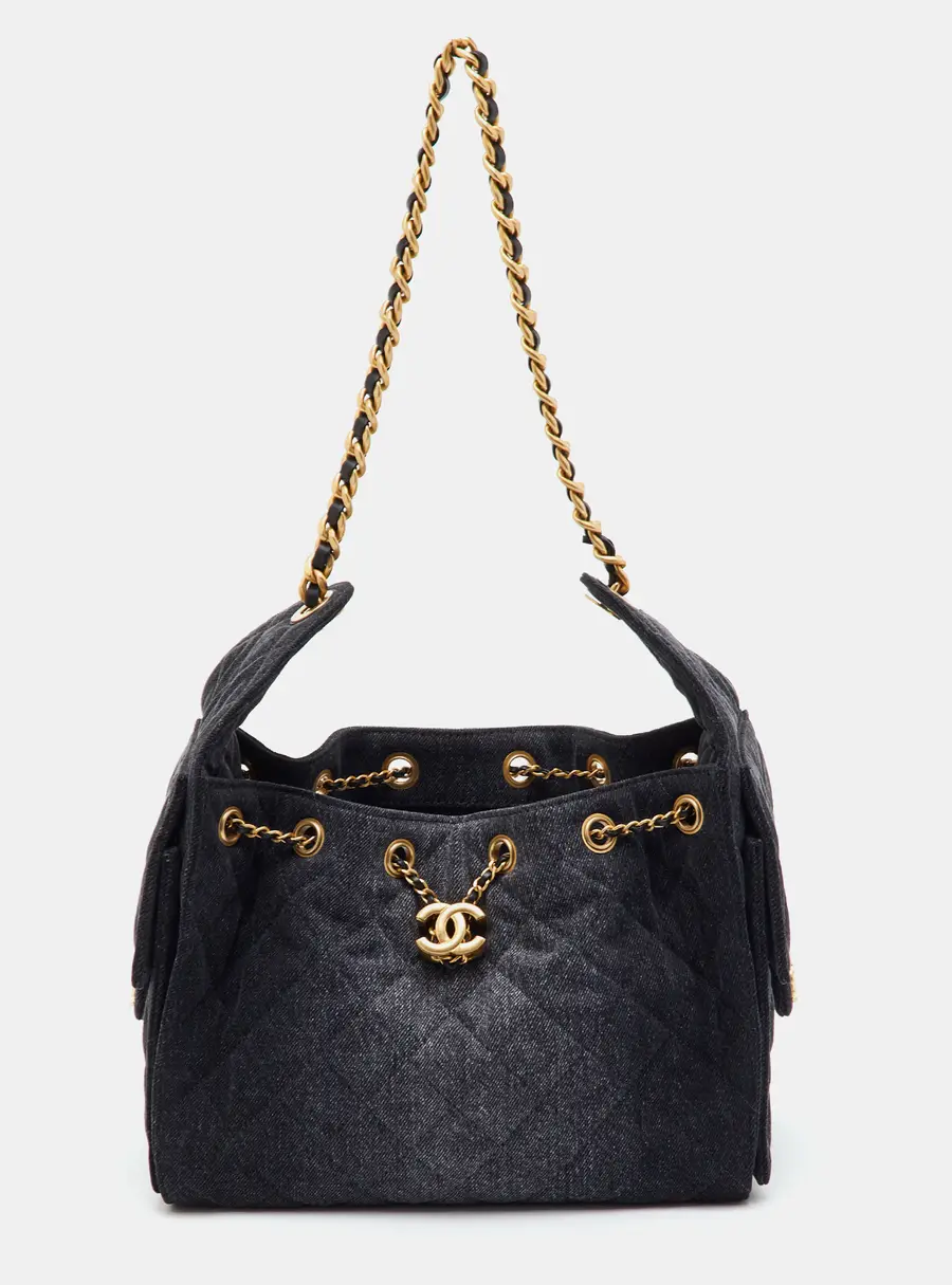 Chanel 25 Drawstring Black Quilted Denim Hobo