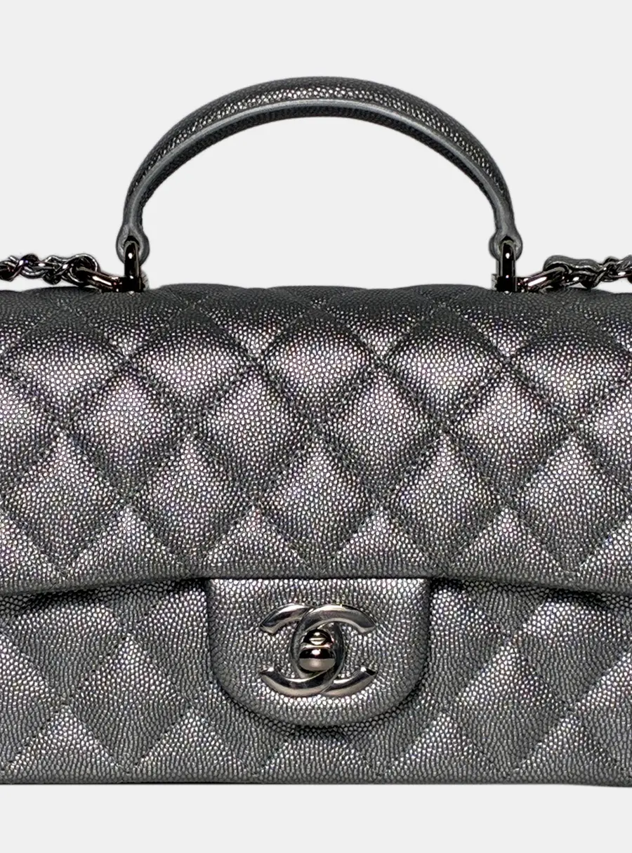 Chanel Top Handle Mini Rectangular Flap Silver Caviar Leather Shoulder Bag
