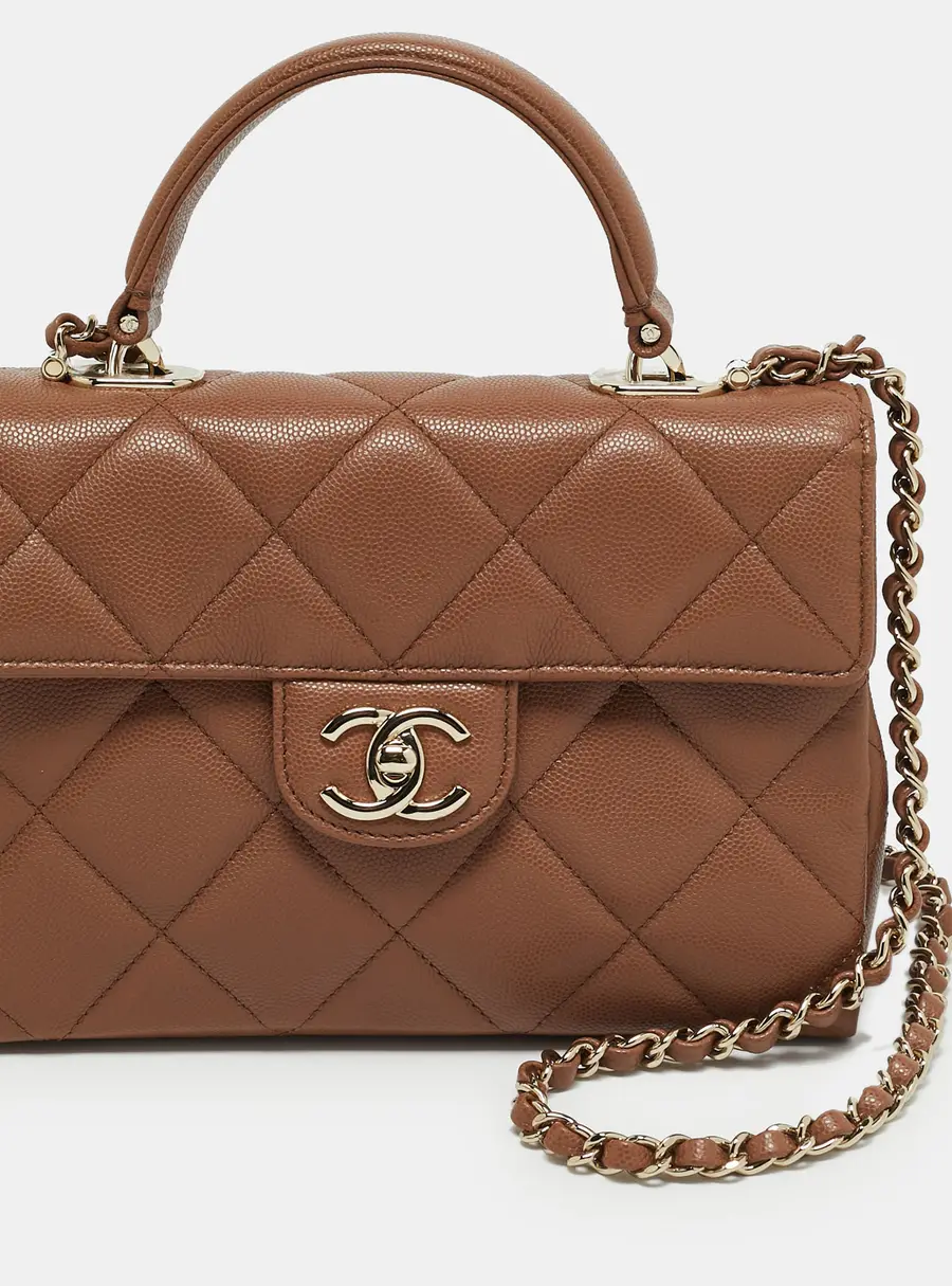 Chanel Brown Quilted Shiny Caviar Leather Top Handle Bag