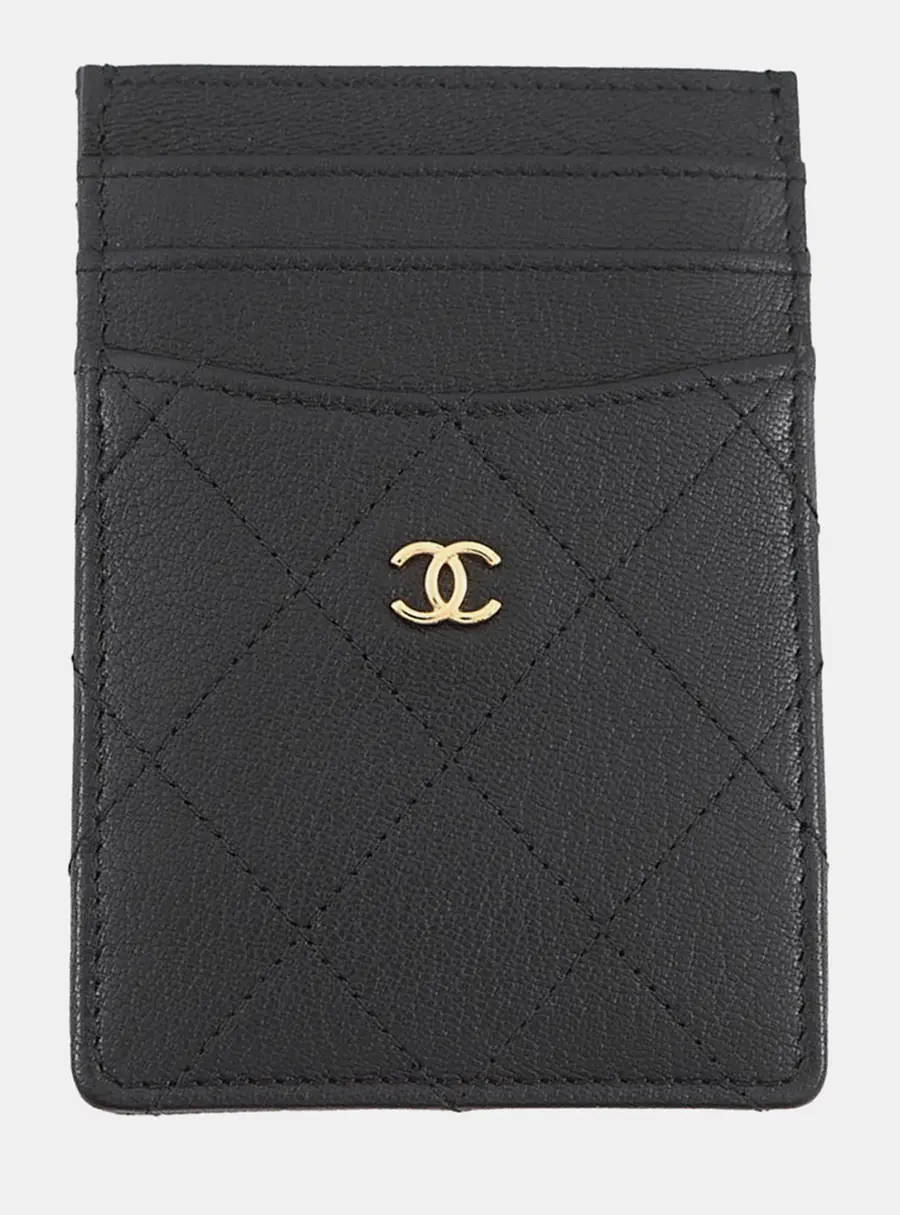 Chanel Matelasse Vertical Black Calfskin Leather Card Holder Bag