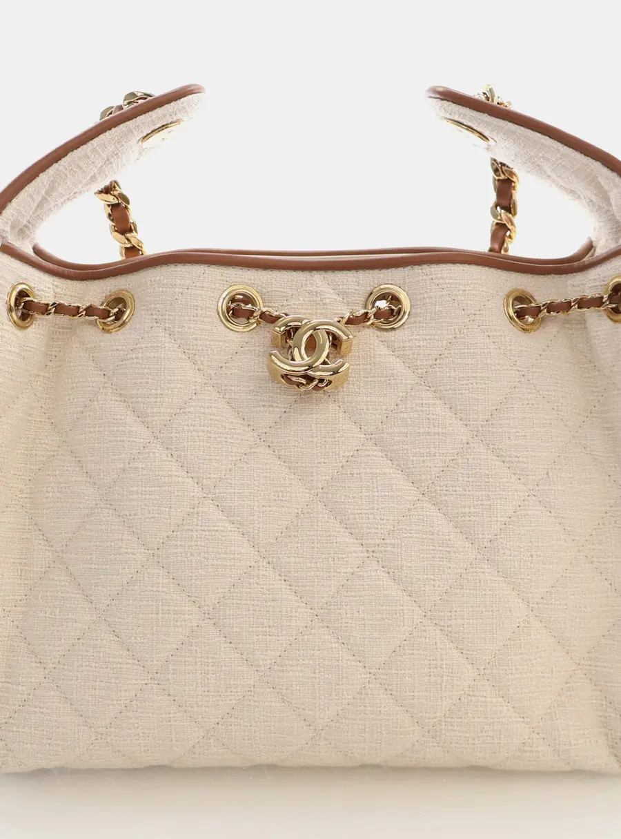 Chanel 25 Small Ecru Canvas Camel Calfskin Leather Hobo Bag