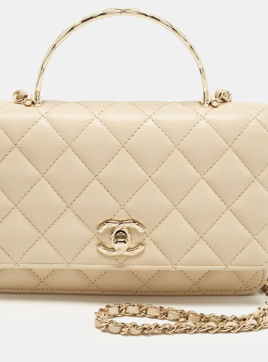 Chanel Light Beige Quilted Caviar Leather Top Handle Wallet On Chain