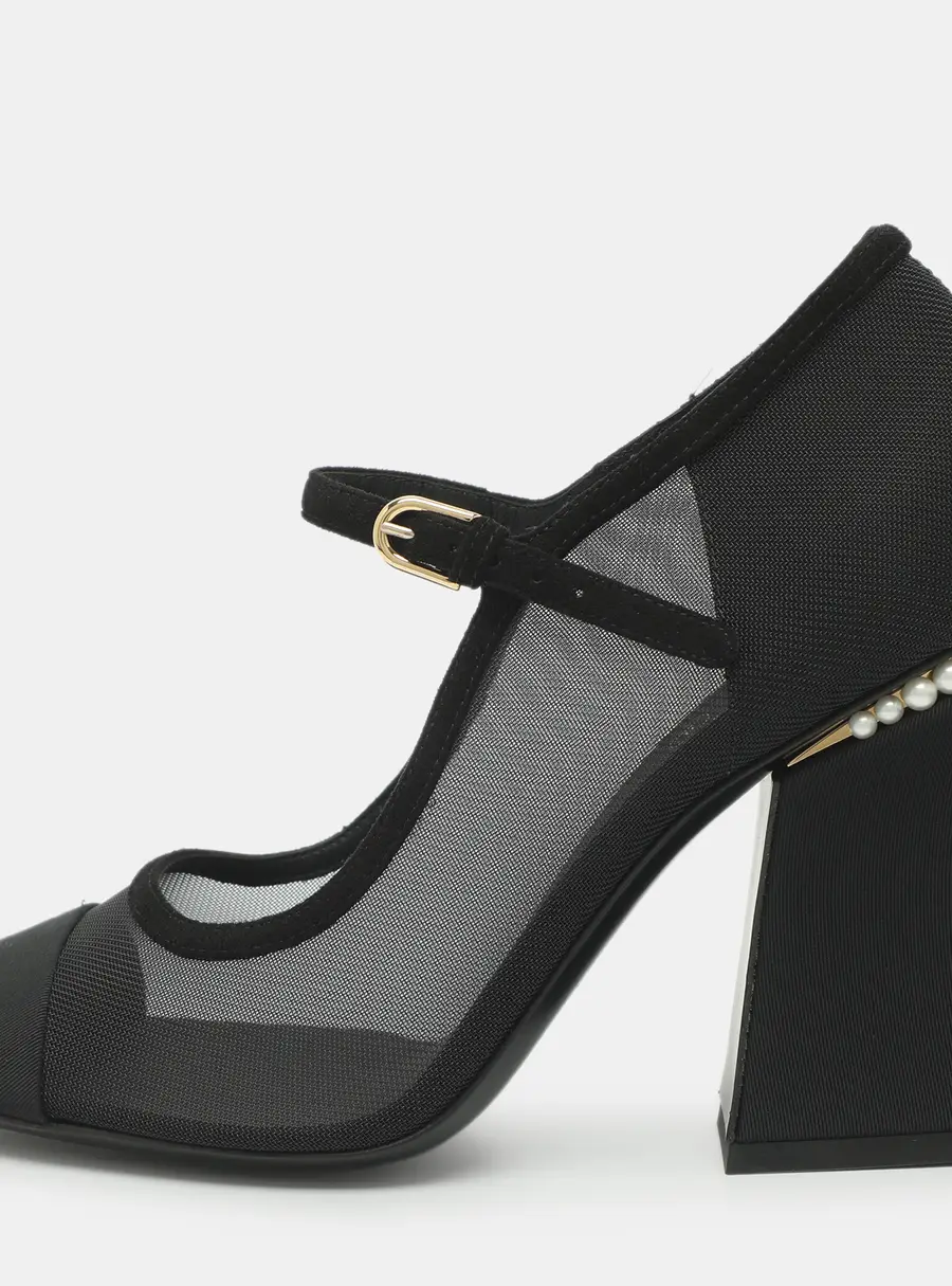 Chanel CC Embellished Size 38.5 Black Mesh and Suede Mary Jane Pumps