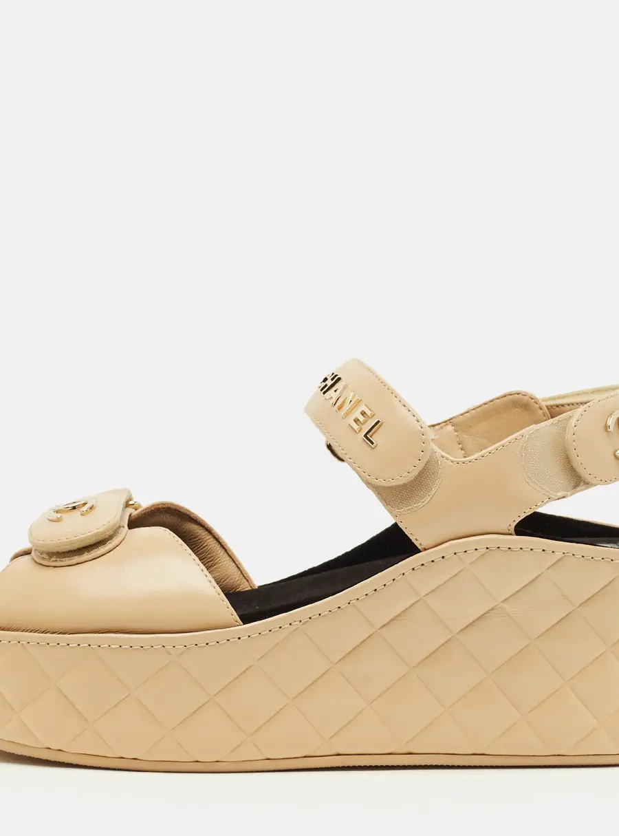 Chanel CC Size 39 Beige Leather Platform Wedge Sandals