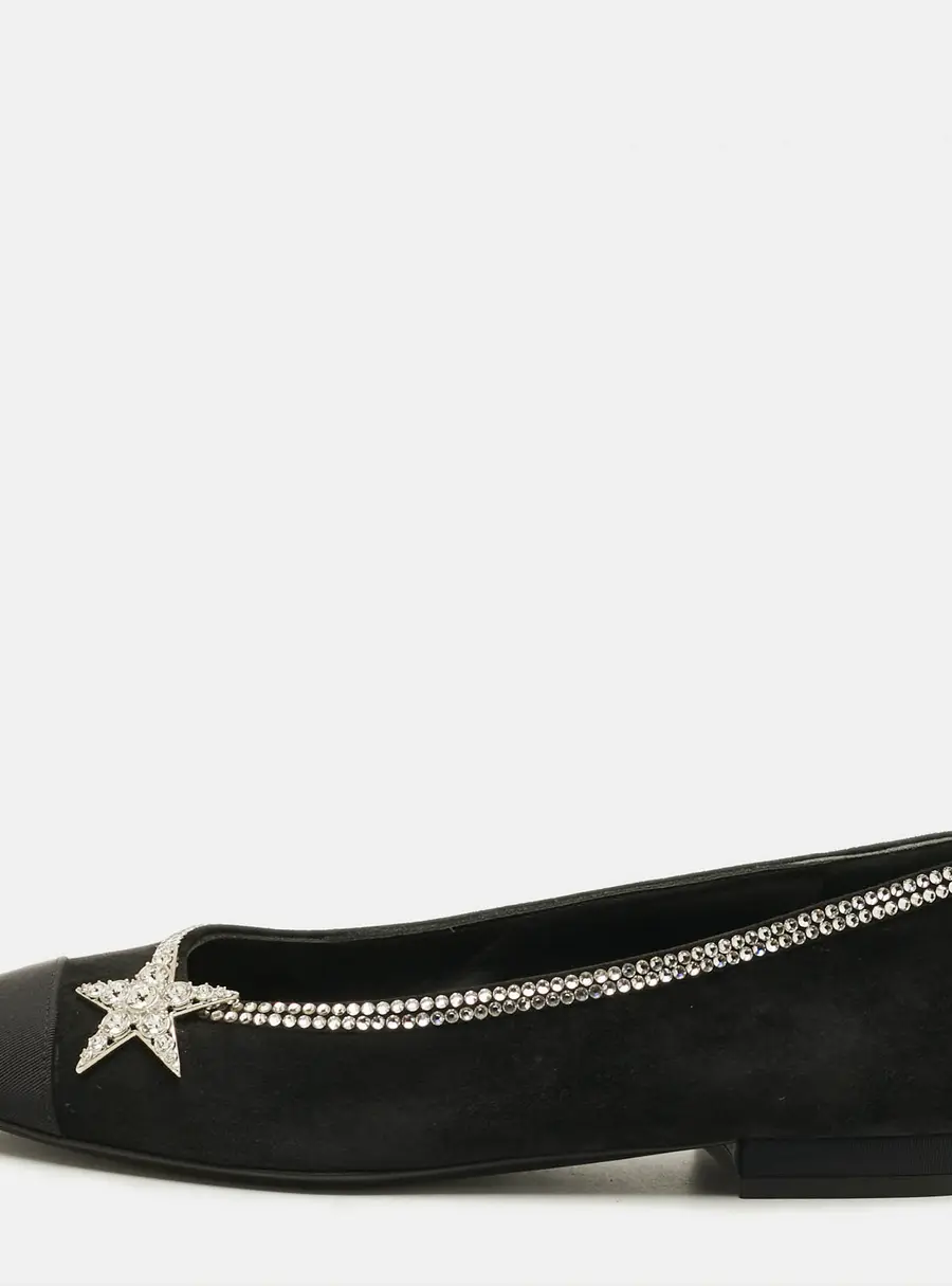 Chanel Size 36 Black Canvas Suede Crystal and Star Embellished Ballet Flats