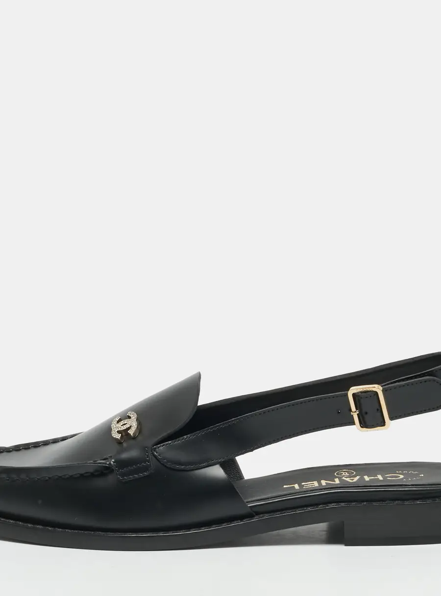 Chanel CC Size 37.5 Black Leather Slingback Loafers