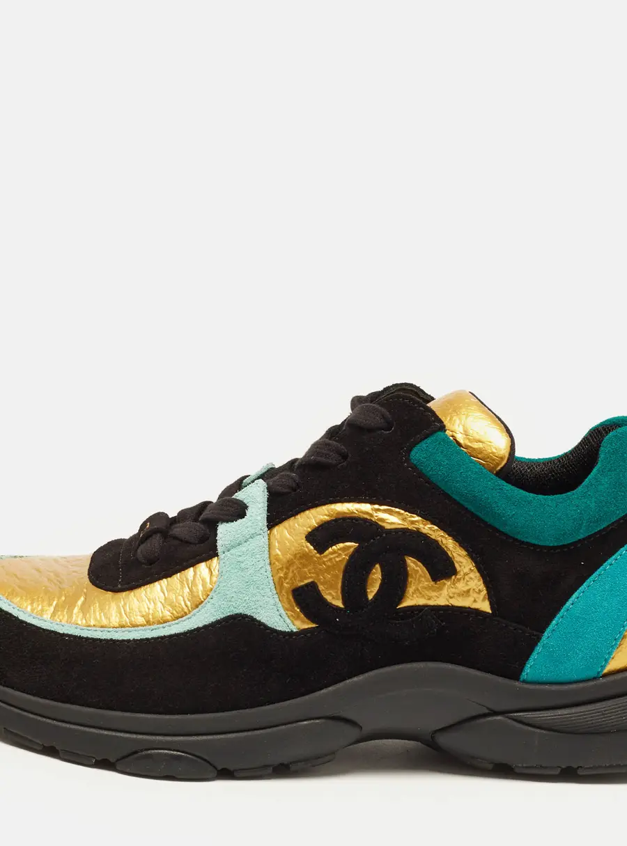 Chanel CC Size 39 Multicolor Foil Leather and Suede Lace Up Sneakers