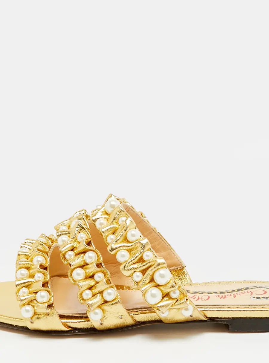 Charlotte Olympia Pearl Embellished Size 35 Gold Pleated Leather Flat Slides