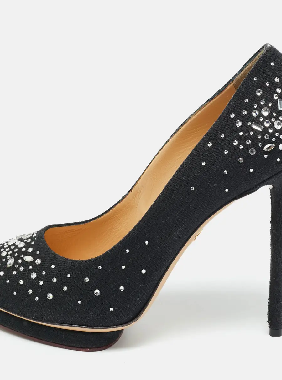 Charlotte Olympia Black Canvas Crystal Embellished Dotty Platform Pumps Size 41