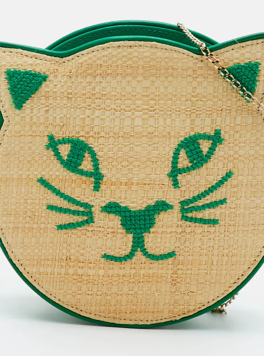 Charlotte Olympia Kitty Beige/Green Leather and Raffia Chain Clutch