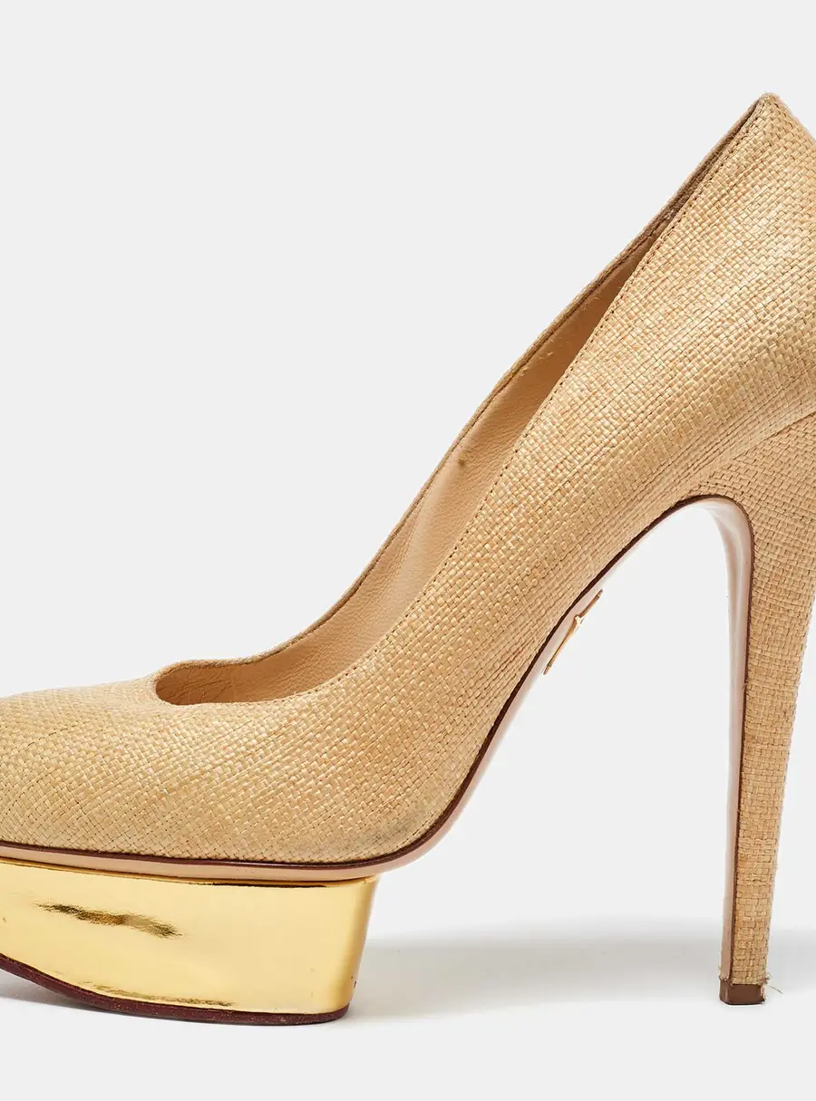 Charlotte Olympia Beige/Gold Raffia and Leather Dolly Platform Pumps Size 41