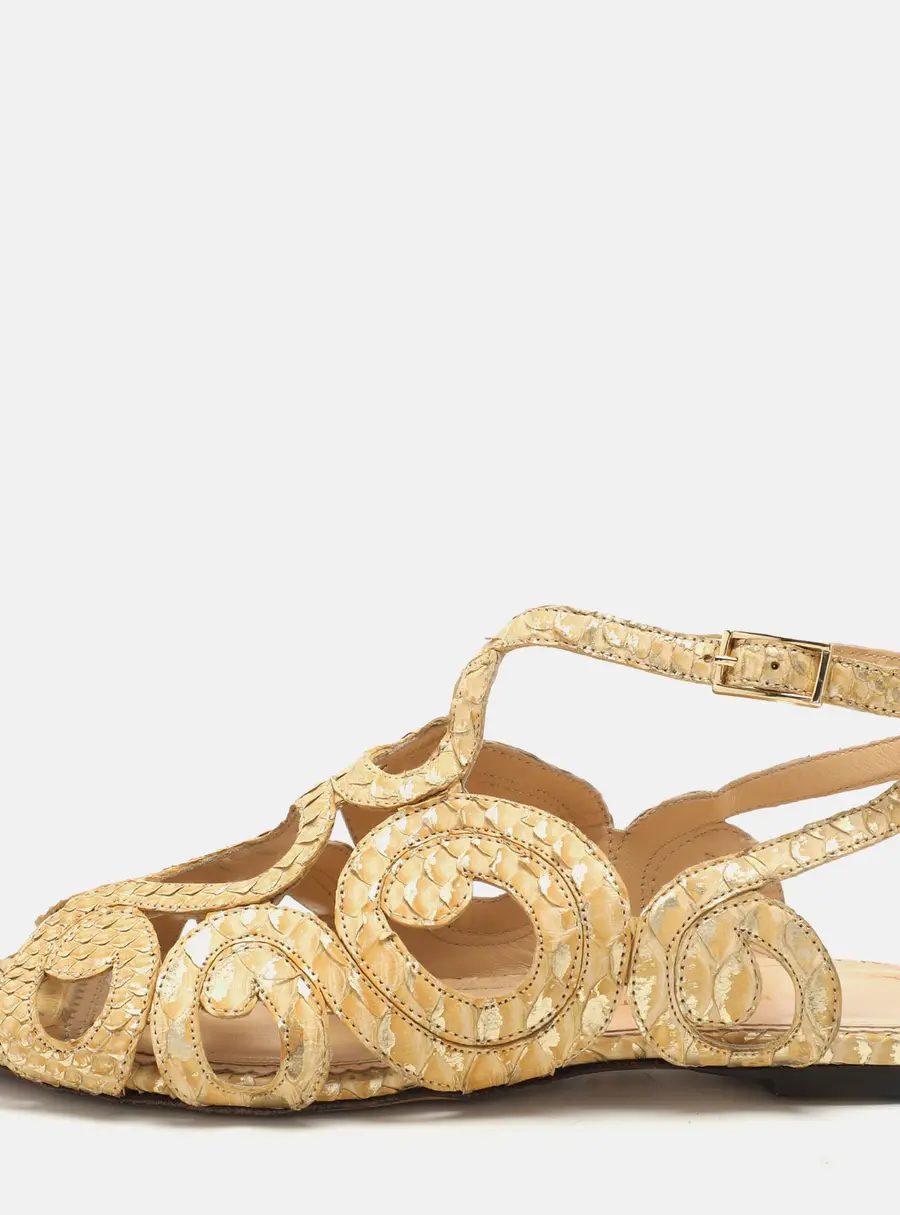 Charlotte Olympia Yellow/Gold Python Cut Out Strappy Flat Sandals Size 38