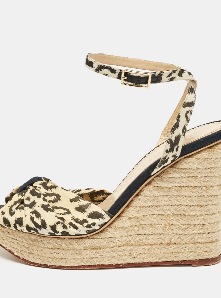Charlotte Olympia Beige/Black Fabric Wedge Espadrille Sandals Size 38