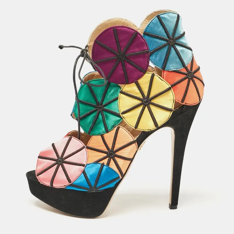 Charlotte Olympia Multicolor Satin and Suede Parasol Platform Sandals Size 37.5