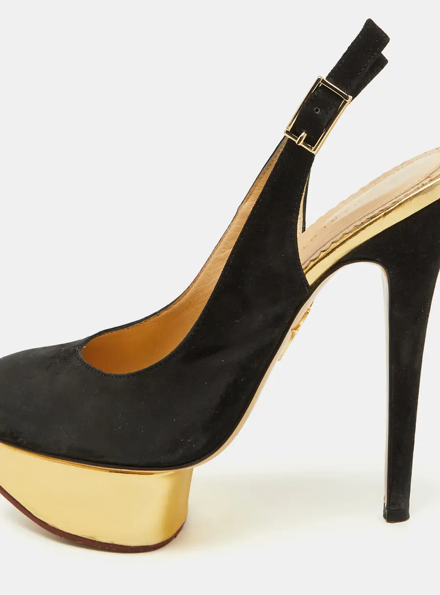Charlotte Olympia Black Suede Dolly Slingback Platform Pumps Size 36.5