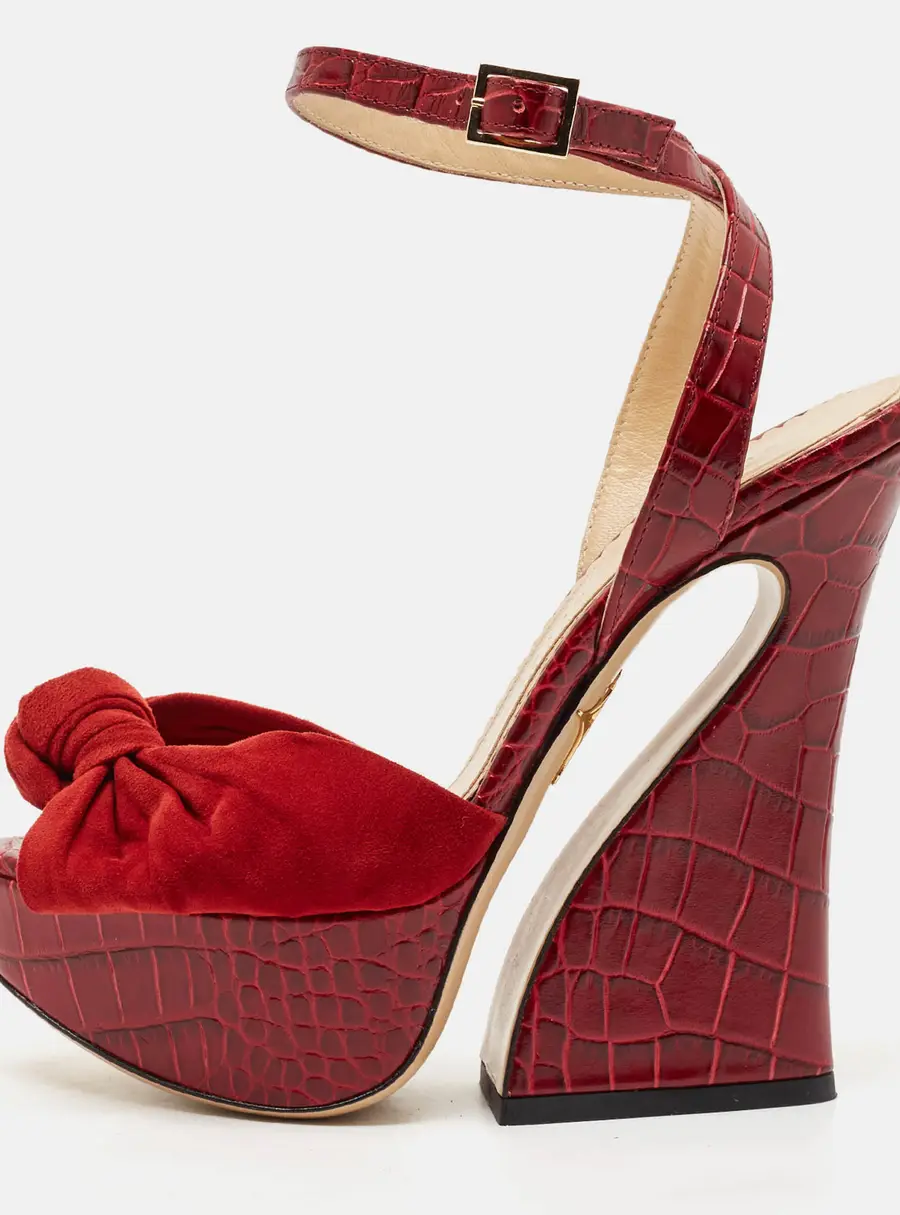 Charlotte Olympia Burgundy Croc Embossed Leather and Suede Ankle Strap Sandals Size 35