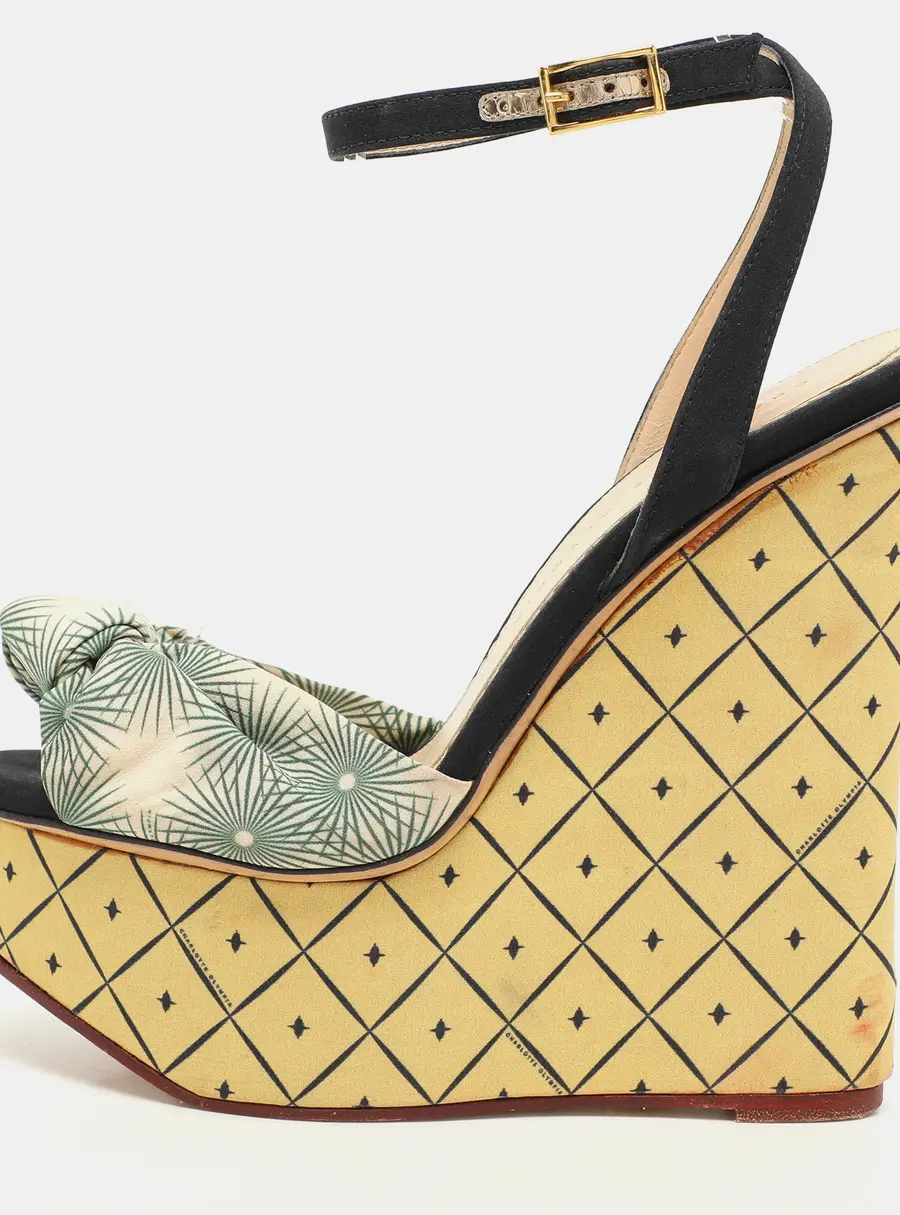 Charlotte Olympia Black/Green Satin Tie Ankle Strap Wedge Sandals Size 38.5