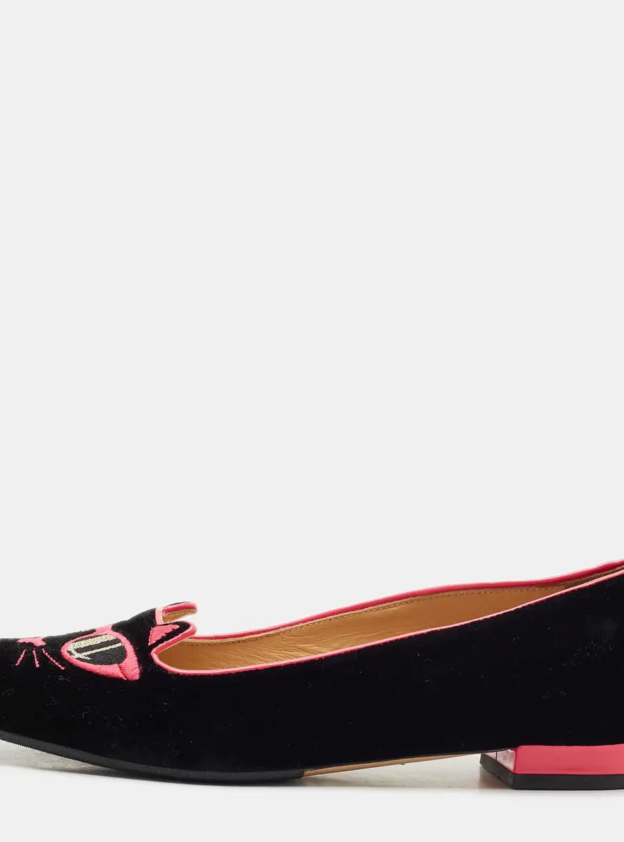 Charlotte Olympia x Barbie Collection Black/Pink Velvet Kitty Ballet Flats Size 37.5