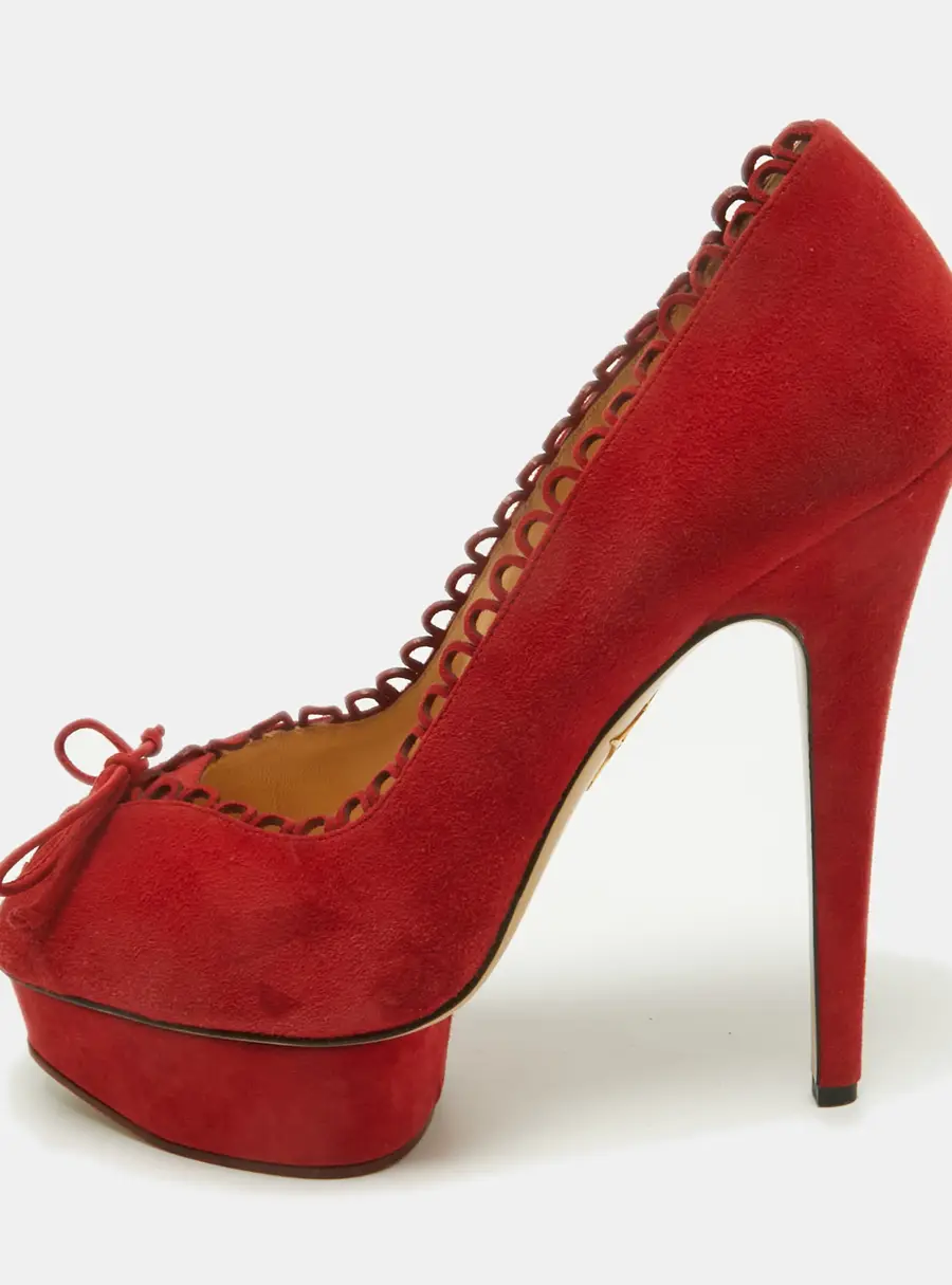 Charlotte Olympia Red Suede Daphne Scalloped Trim Peep Toe Platform Pumps Size 40