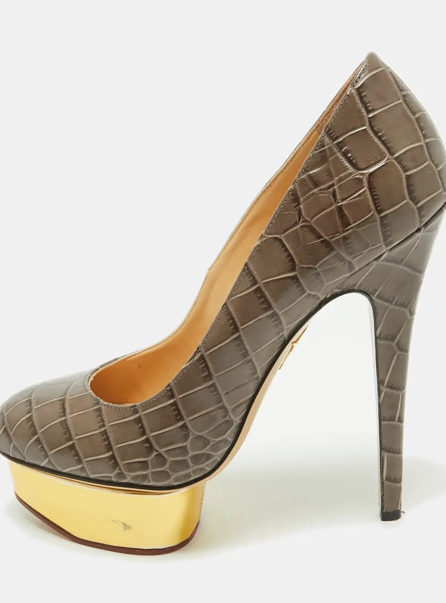 Charlotte Olympia Grey Croc Embossed Leather Dolly Platform Pumps Size 39