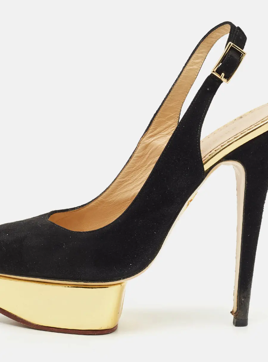 Charlotte Olympia Black Suede Dolly Platform Slingback Pumps Size 39