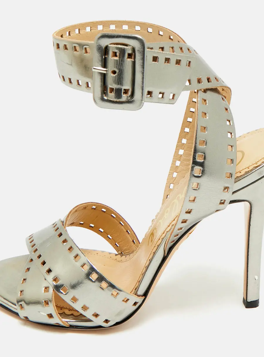 Charlotte Olympia Silver Leather Lasercut Crisscross Ankle Strap Sandals Size 34