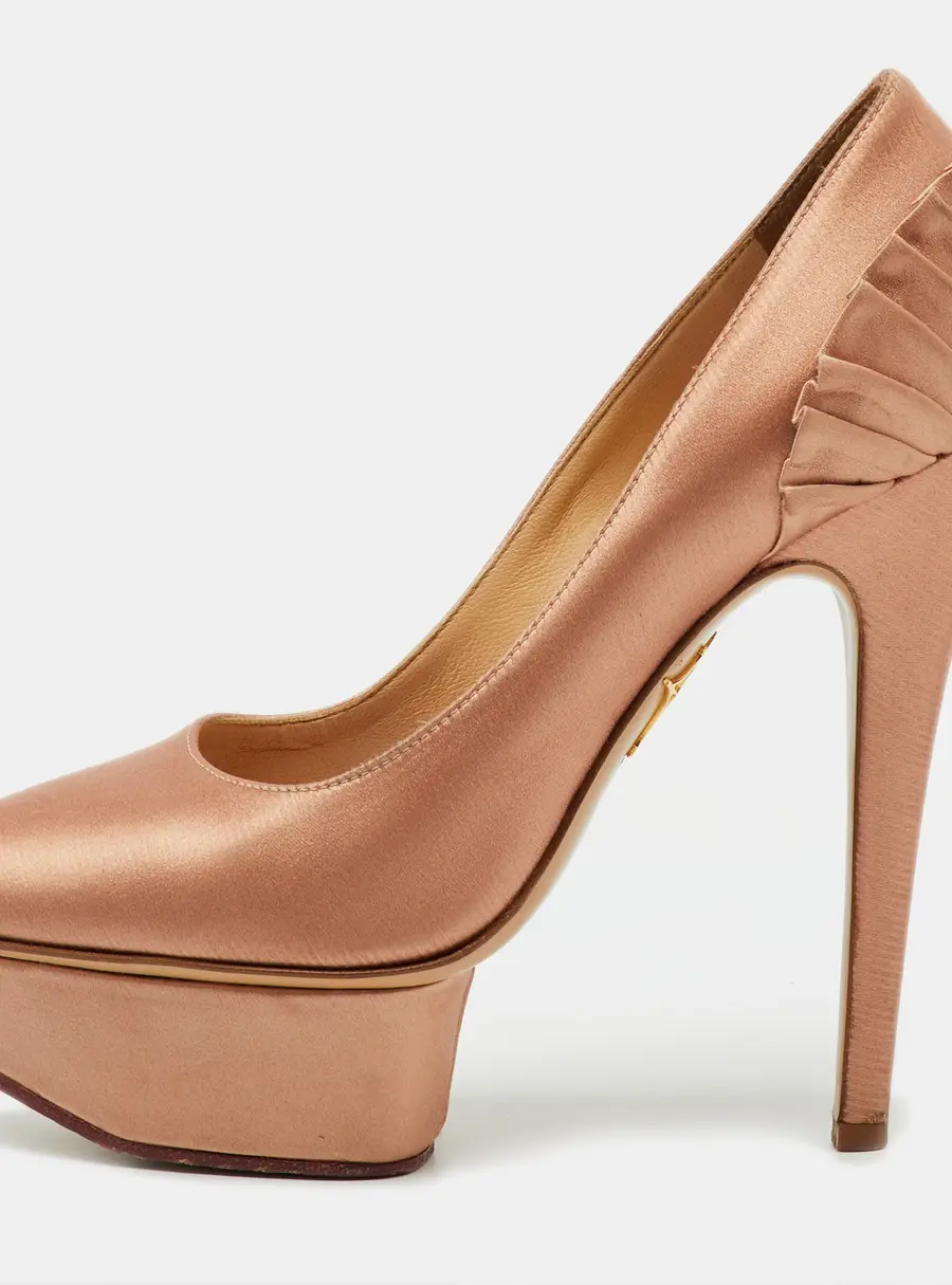 Charlotte Olympia Metallic Bronze Satin Paloma Fan Pleat Platform Pumps Size 35.5
